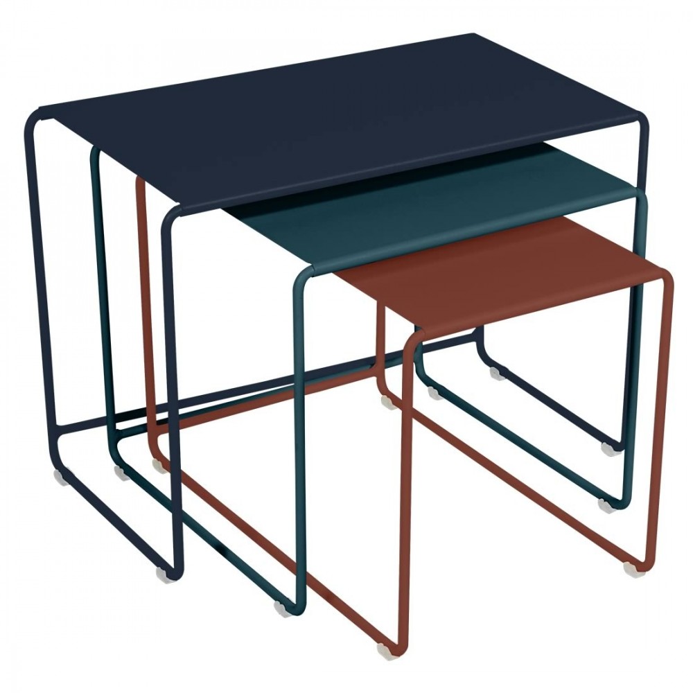 Fermob Couchtische Oulala, 3 Satztische - Abyssblau / Acapulcoblau / Ockerrot